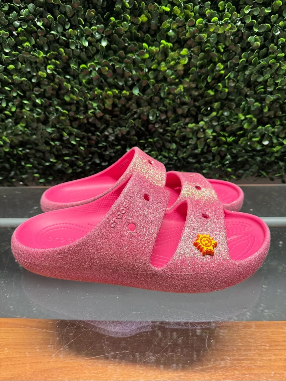 CROCS Kids Glitter Pink Slide Sandals with Sun Charm